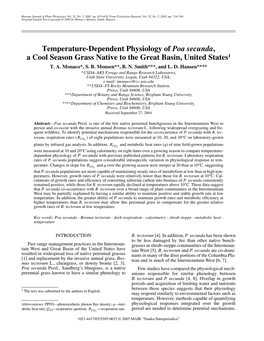 Temperature-Dependent Physiology of Poa Secunda, a Cool Season Grass Native to the Great Basin, United States1 T
