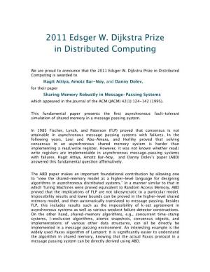 2011 Edsger W. Dijkstra Prize in Distributed Computing