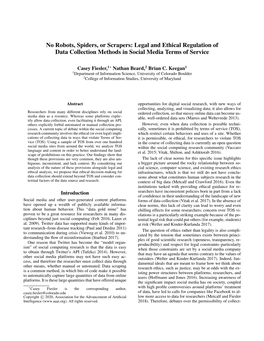 No Robots, Spiders, Or Scrapers: Legal and Ethical Regulation of Data Collection Methods in Social Media Terms of Service