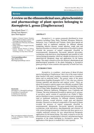 A Review on the Ethnomedicinal Uses, Phytochemistry and Pharmacology of Plant Species Belonging to Kaempferia L