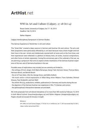 WWI in Art and Culture (Calgary, 17-18 Oct 14)