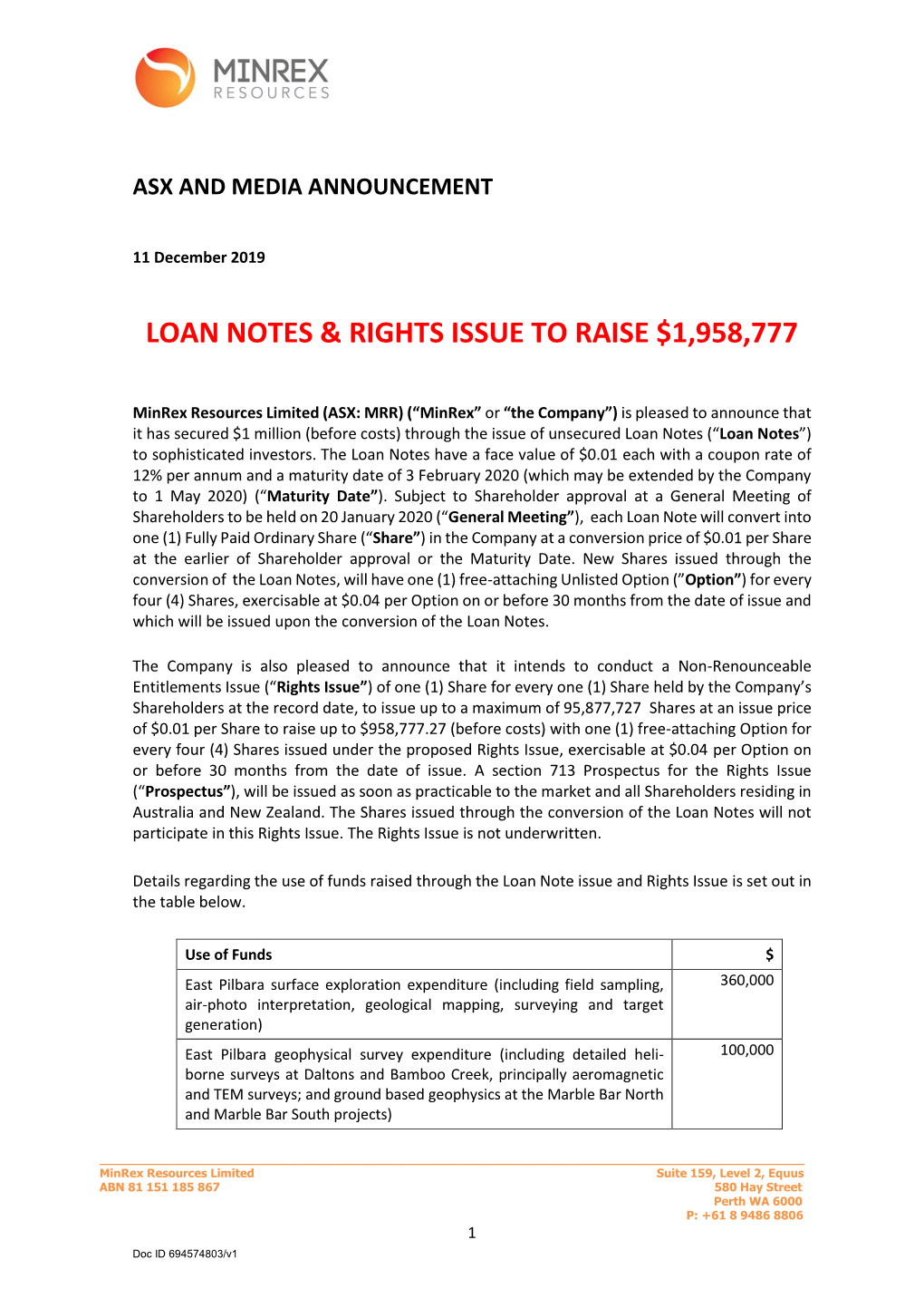 Loan Notes & Rights Issue to Raise $1,958,777