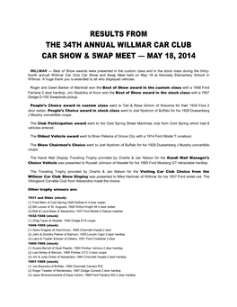 Results from the 34Th Annual Willmar Car Club Car Show & Swap Meet