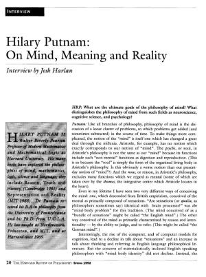 Hilary Putnam: Mind, Meaning and Reality