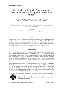 Geographic Variation in Crowea Exalata (Rutaceae) and the Recognition of Two New Subspecies