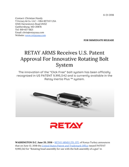 RETAY ARMS Receives U.S. Patent Approval for Innovative Rotating Bolt System