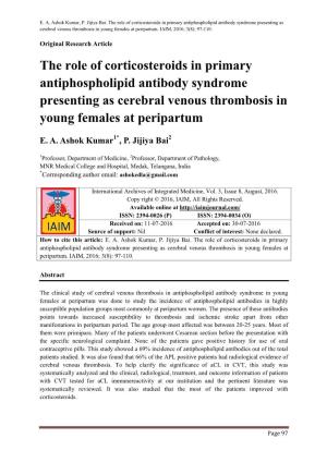 The Role of Corticosteroids in Primary Antiphospholipid Antibody Syndrome Presenting As Cerebral Venous Thrombosis in Young Females at Peripartum