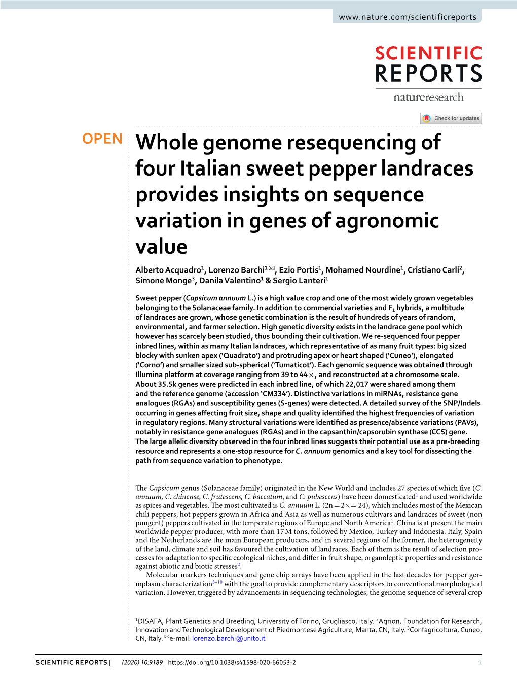 Whole Genome Resequencing of Four Italian Sweet Pepper Landraces Provides Insights on Sequence Variation in Genes of Agronomic V