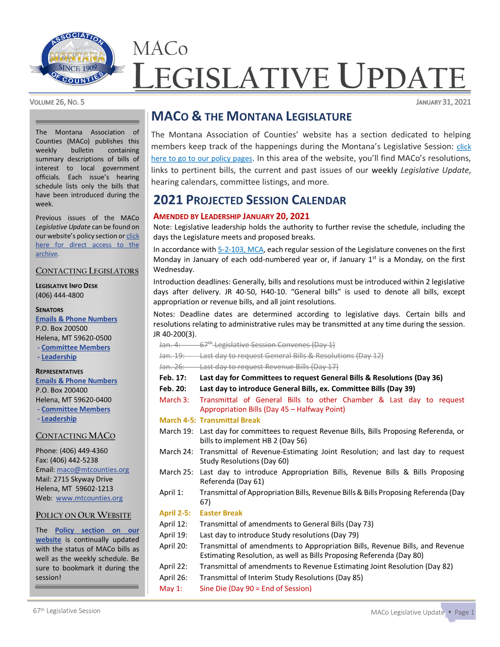 Maco LEGISLATIVE UPDATE VOLUME 26, NO