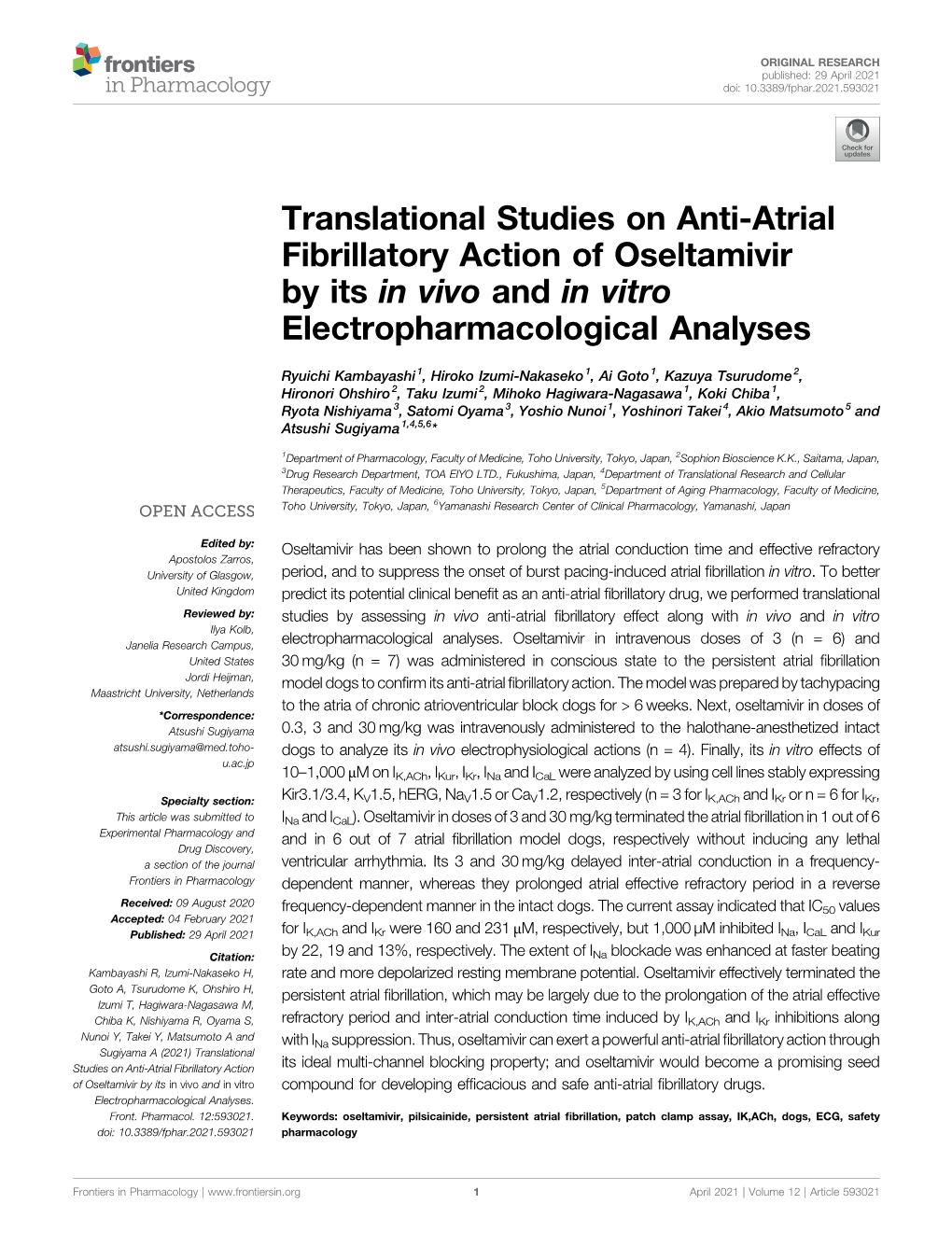 Translational Studies on Anti-Atrial Fibrillatory Action of Oseltamivir by Its in Vivo and in Vitro Electropharmacological Analyses