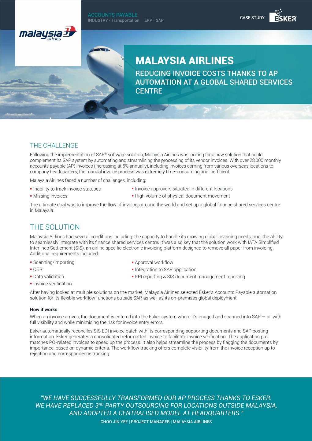 Malaysia Airlines Reducing Invoice Costs Thanks to Ap Automation at a Global Shared Services Centre