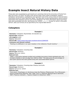 Example Insect Natural History Data