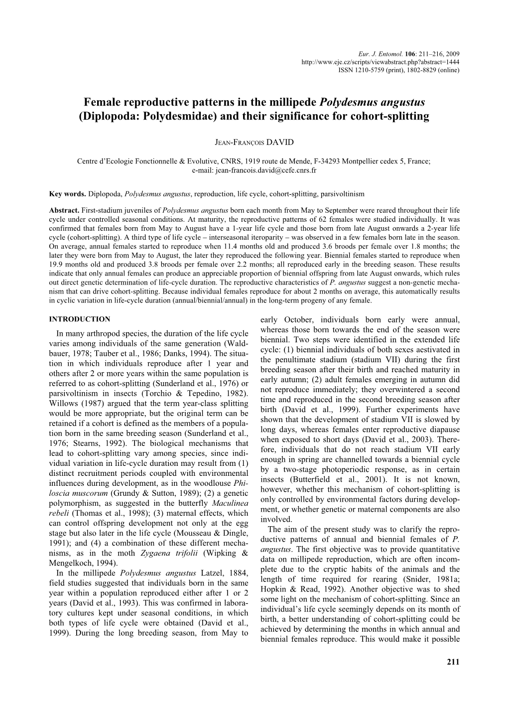 Female Reproductive Patterns in the Millipede Polydesmus Angustus (Diplopoda: Polydesmidae) and Their Significance for Cohort-Splitting