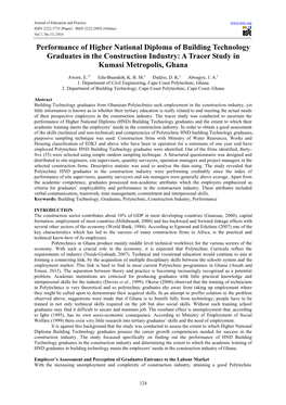 Performance of Higher National Diploma of Building Technology Graduates in the Construction Industry: a Tracer Study in Kumasi Metropolis, Ghana