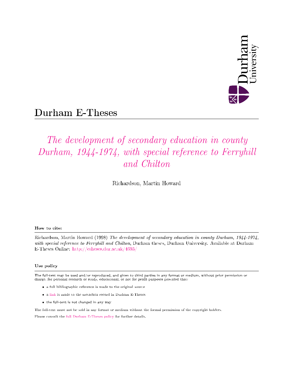 The Development of Secondary Education in County Durham, 1944-1974, with Special Reference to Ferryhill and Chilton