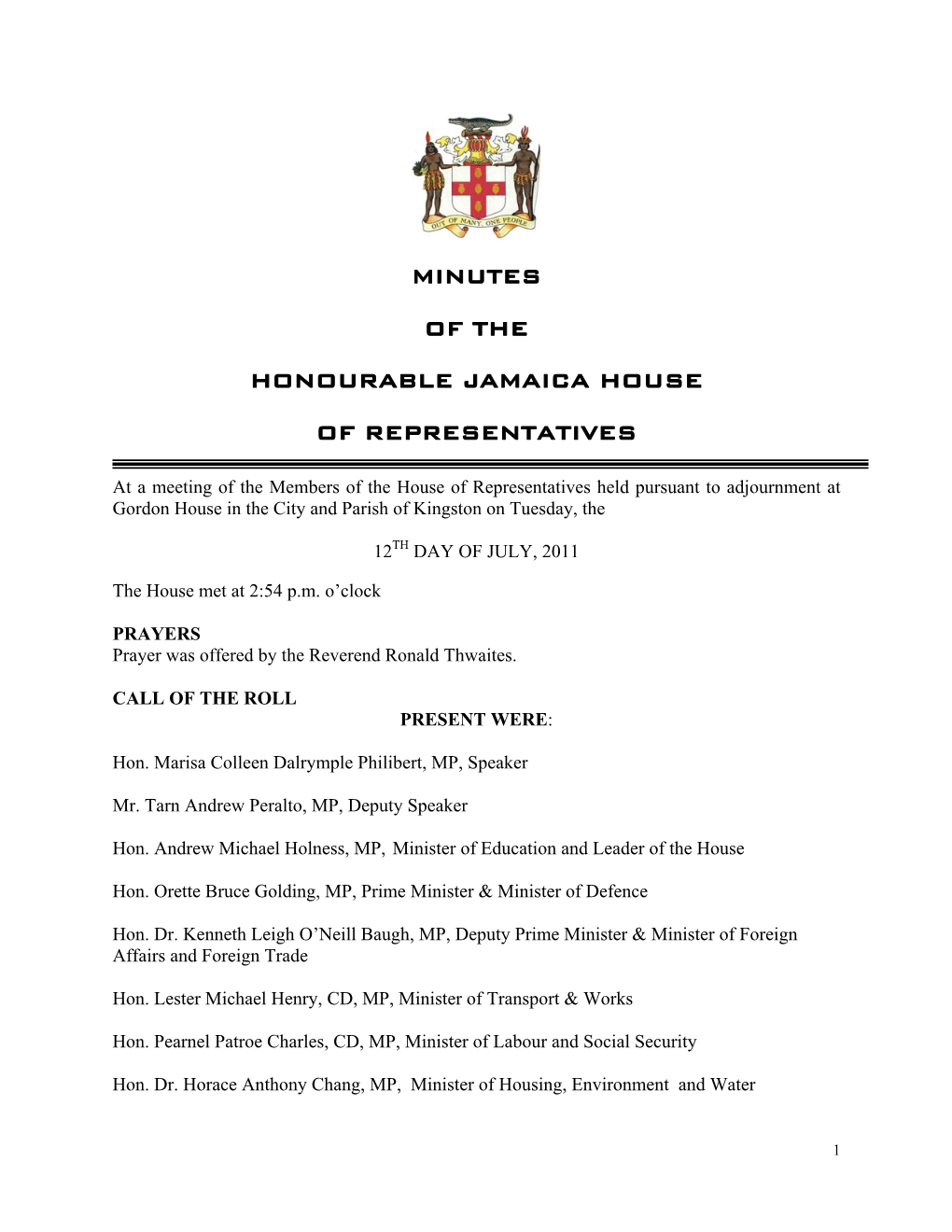 Minutes of the Honourable Jamaica House of Representatives