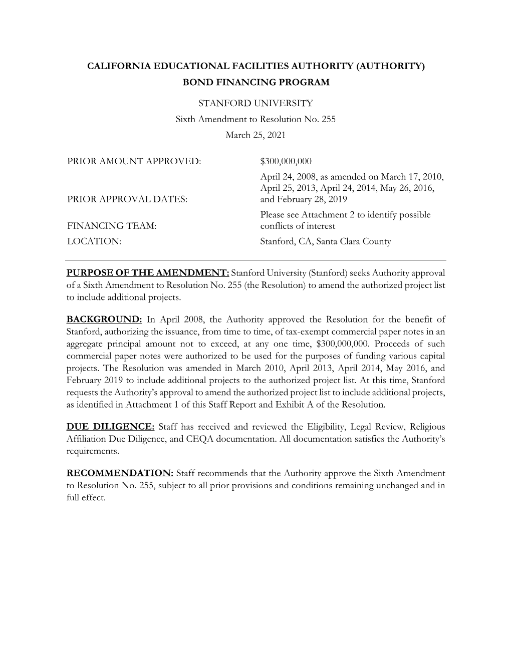 STANFORD UNIVERSITY Sixth Amendment to Resolution No