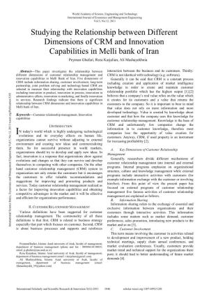 Studying the Relationship Between Different Dimensions of CRM and Innovation Capabilities in Melli Bank of Iran Peyman Ghafari, Reza Karjalian, Ali Mashayekhnia