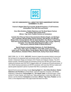 Doc Nyc Announces Full Lineup for Tenth Anniversary Edition November 6-15, 2019