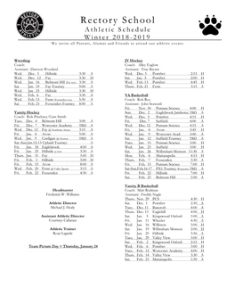 Rectory School Athletic Schedule Winter 2018- 2019 We Invite All Parents, Alumni and Friends to Attend Our Athletic Events