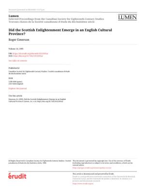 Did the Scottish Enlightenment Emerge in an English Cultural Province? Roger Emerson