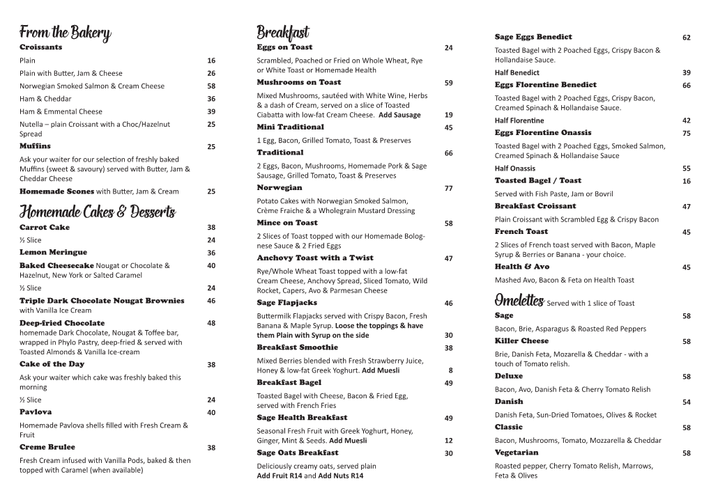 Sage Cafe Breakfast Menu