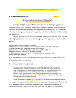 Emergency Right of Way Press Release Template