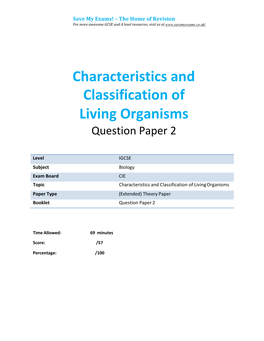 Characteristics and Classification of Living Organisms Question Paper 2