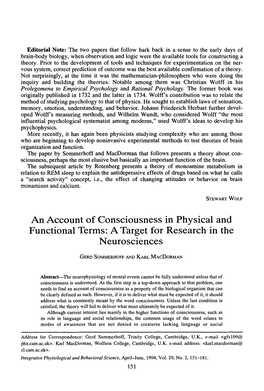 An Account of Consciousness in Physical and Functional Terms: a Target for Research in the Neurosciences