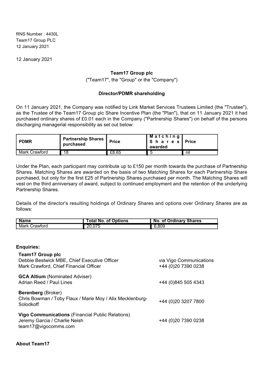 12 January 2021 Team17 Group Plc ("Team17", the "Group" Or the "Company") Director/PDMR Shareholdi