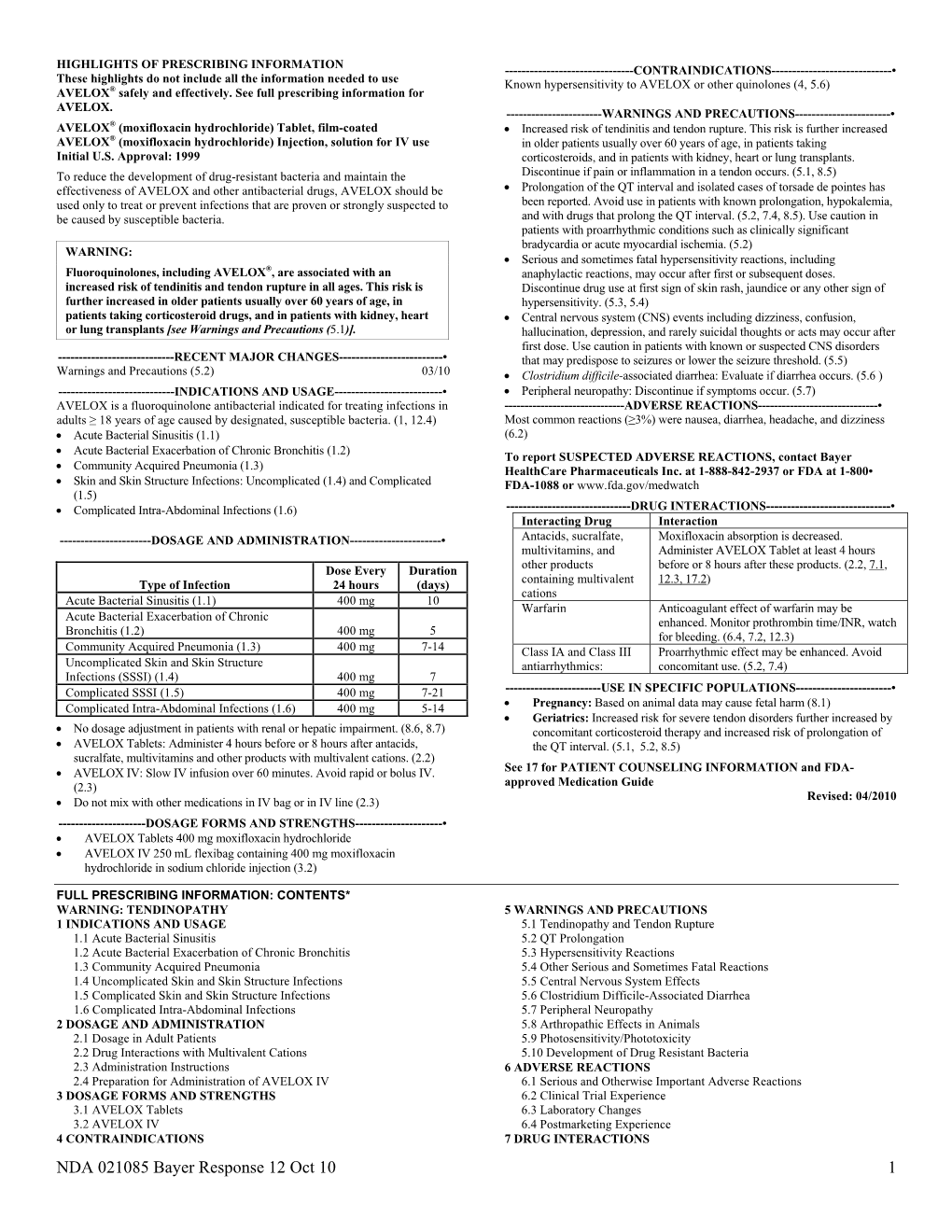 AVELOX Or Other Quinolones (4, 5.6) AVELOX® Safely and Effectively