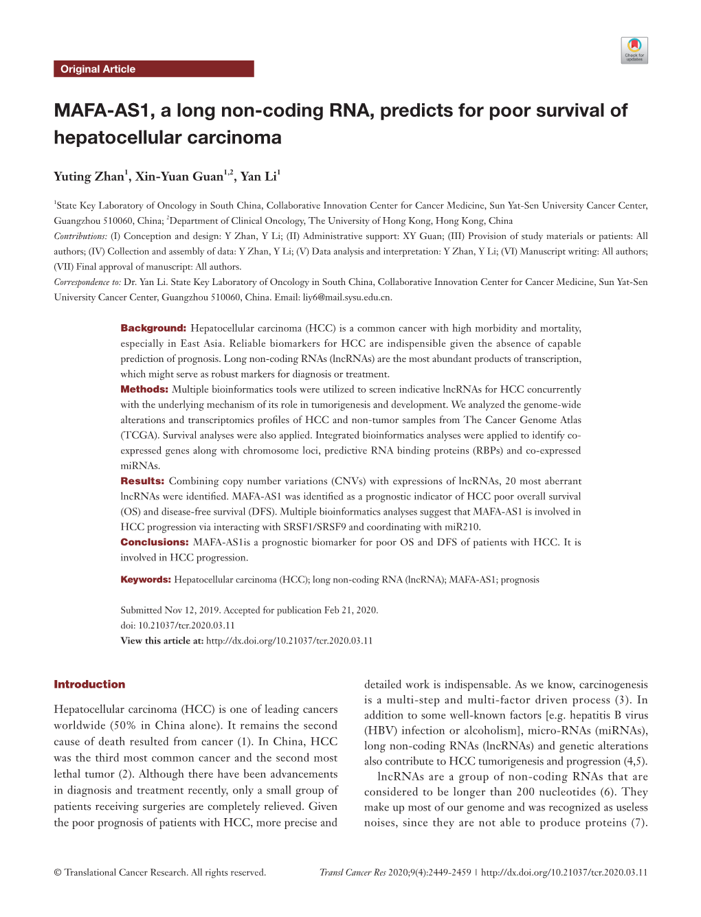 MAFA-AS1, a Long Non-Coding RNA, Predicts for Poor Survival of Hepatocellular Carcinoma