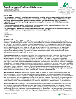 Gene Expression Profiling of Melanomas Policy Number: PG0119 ADVANTAGE | ELITE | HMO Last Review: 03/01/2021