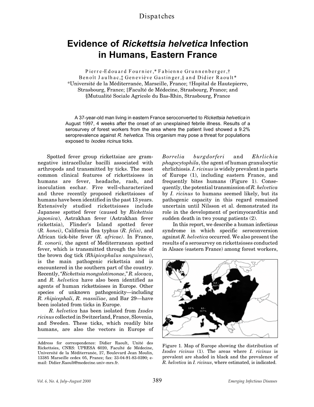 Evidence of Rickettsia Helvetica Infection in Humans, Eastern France