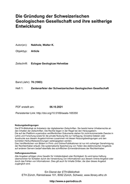 Die Gründung Der Schweizerischen Geologischen Gesellschaft Und Ihre Seitherige Entwicklung