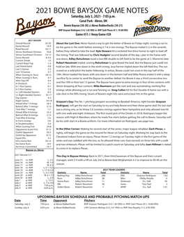 2021 BOWIE BAYSOX GAME NOTES Saturday, July 3, 2021 - 7:05 P.M
