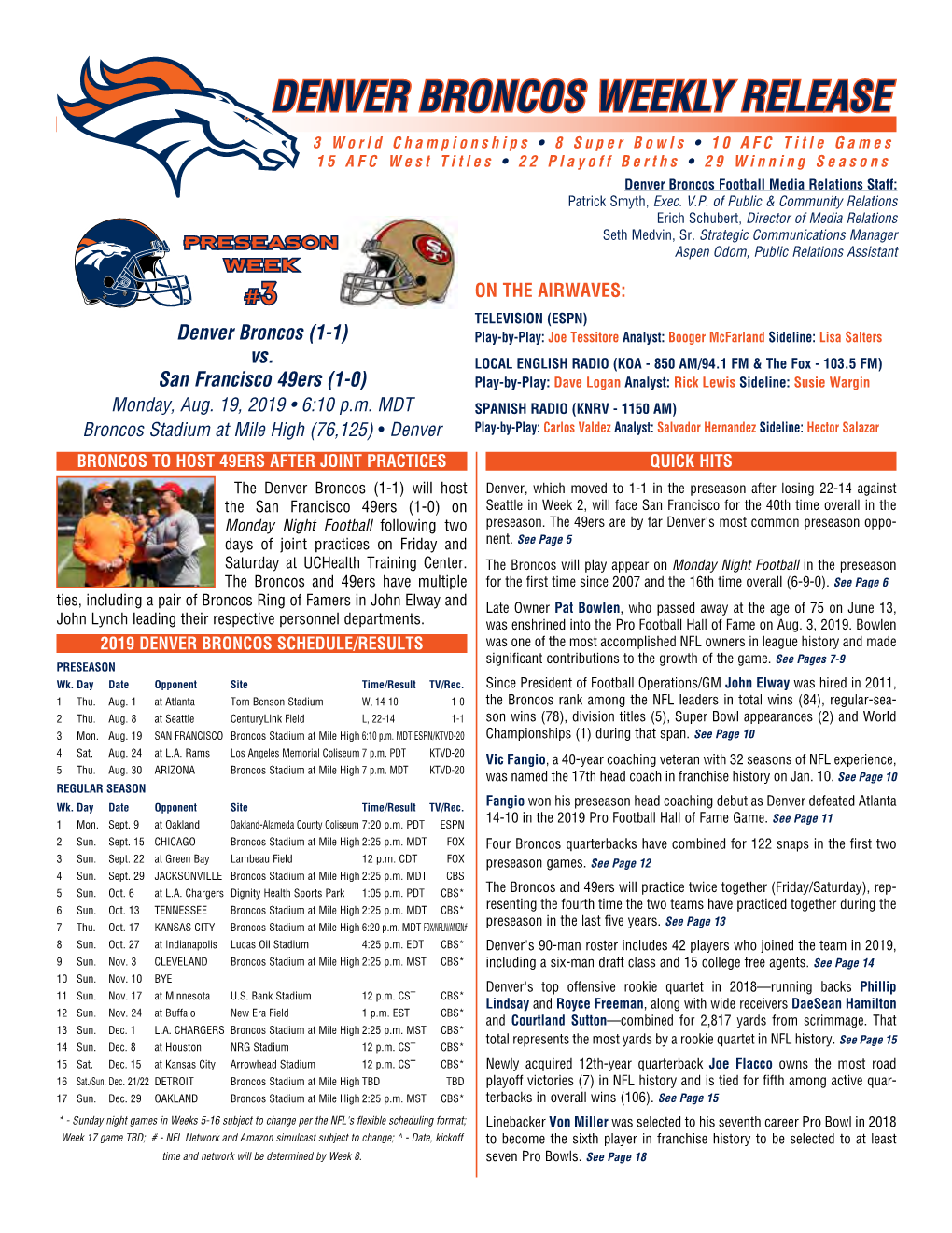 Denver Broncos Weekly Release Packet (Vs. San Francisco, 8/19/19)