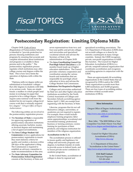 Postsecondary Registration: Limiting Diploma Mills Fiscal TOPICS