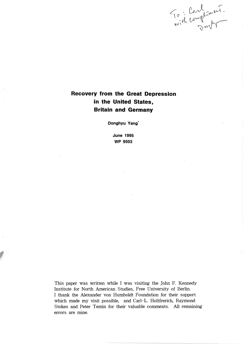 Recovery from the Great Depression in the United States, Britain and Germany