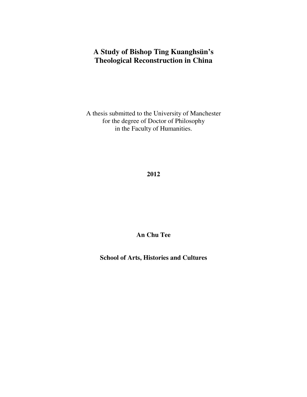 A Study of Bishop Ting Kuanghsün's Theological Reconstruction in China