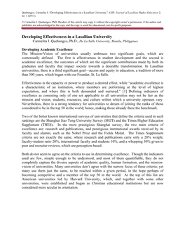 Developing Effectiveness in a Lasallian University.” AXIS: Journal of Lasallian Higher Education 2, No