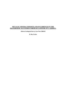 Metallic Mineral Deposits and Occurrences in the Phanerozoic Succession North of Latitude 55ºn, Alberta