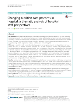 Changing Nutrition Care Practices in Hospital: a Thematic Analysis of Hospital Staff Perspectives Celia Laur1 , Renata Valaitis1, Jack Bell2 and Heather Keller3,4*
