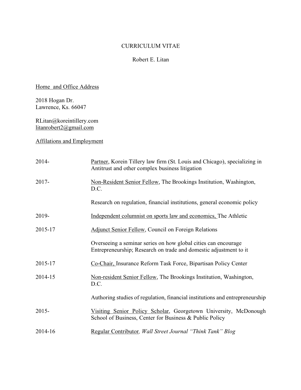 Robert E. Litan's CV