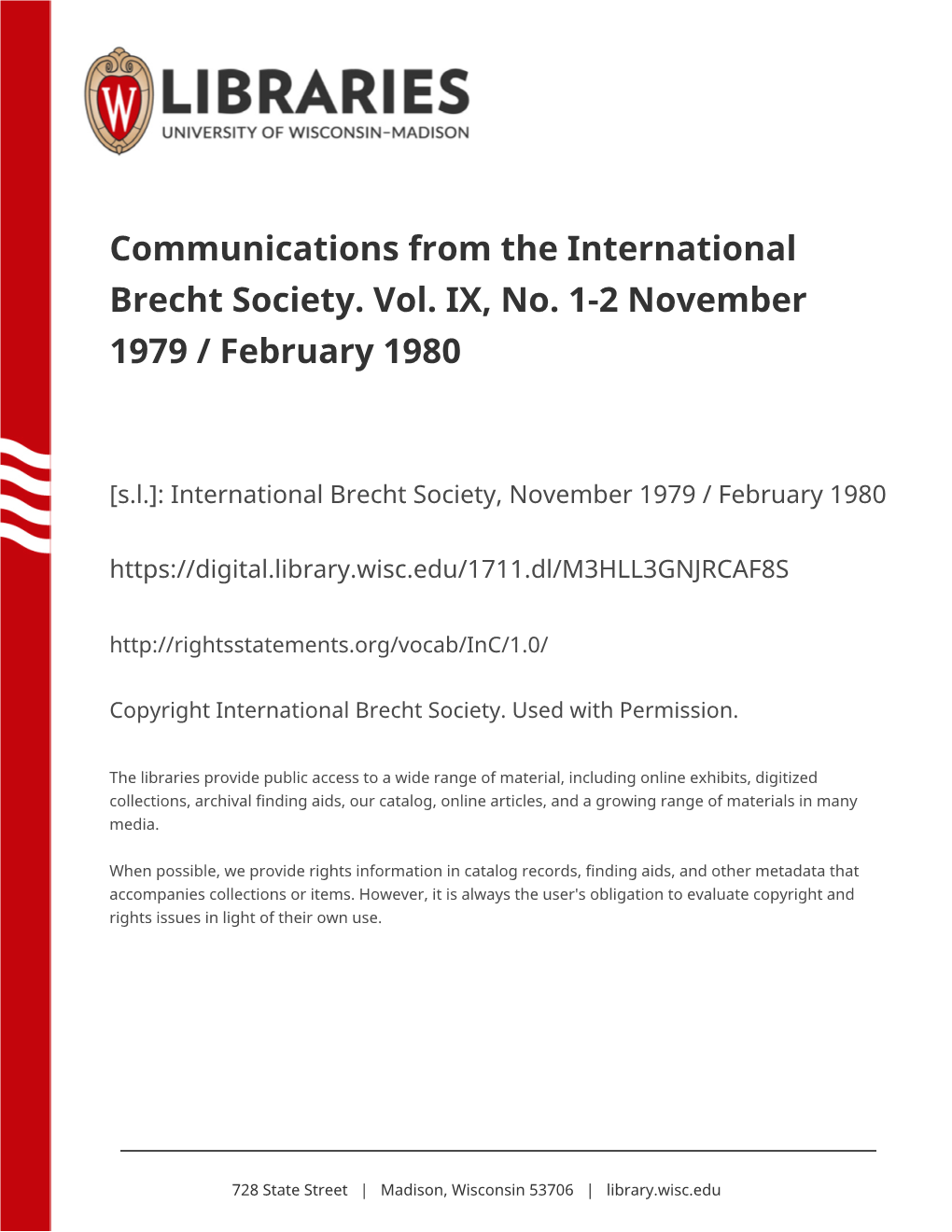 Communications from the International Brecht Society. Vol. IX, No