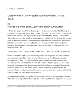 Diary of One of the Original Colonist of New Glarus, 1845