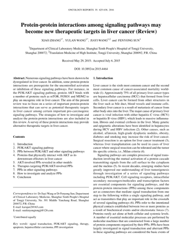 Protein-Protein Interactions Among Signaling Pathways May Become New Therapeutic Targets in Liver Cancer (Review)