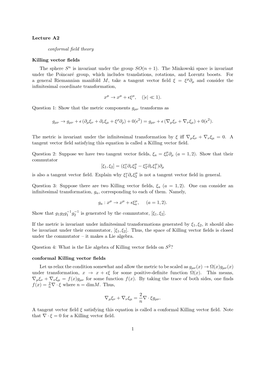 Lecture A2 Conformal Field Theory Killing Vector Fields the Sphere Sn