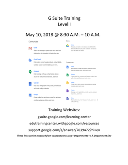 G Suite Training Level I May 10, 2018 @ 8:30 AM