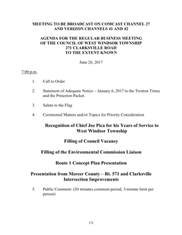 Agenda for the Regular Business Meeting of the Council of West Windsor Township 271 Clarksville Road to the Extent Known